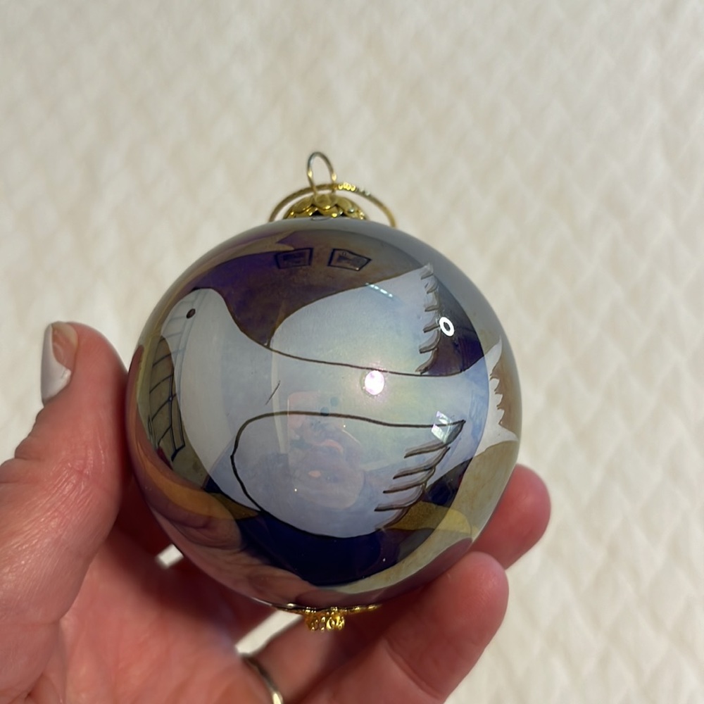 Li Bien Christmas glass ball ornament, dove of peace, “peace, love, joy” 2001